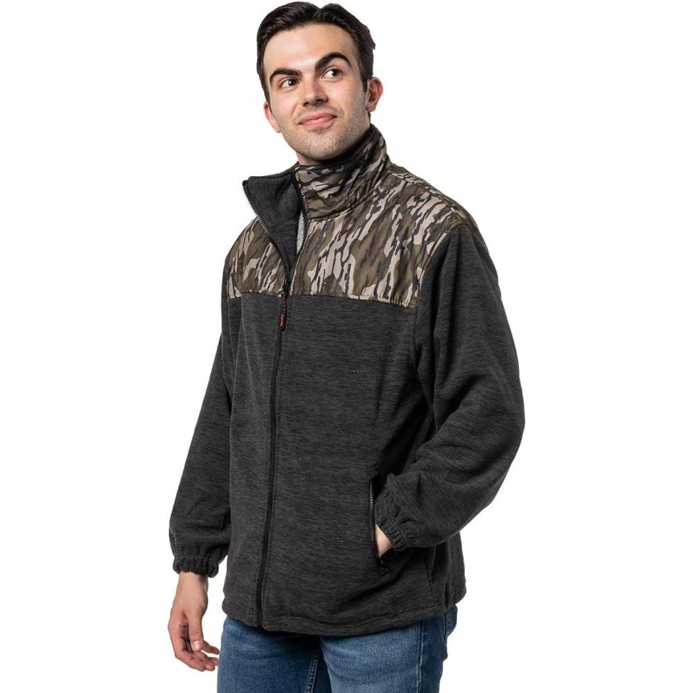 imageTrailCrest Mens CMax Full Zip Polar Fleece Jacket Mossy Oak Camo PatternsCharcoal Heather  Bottomland