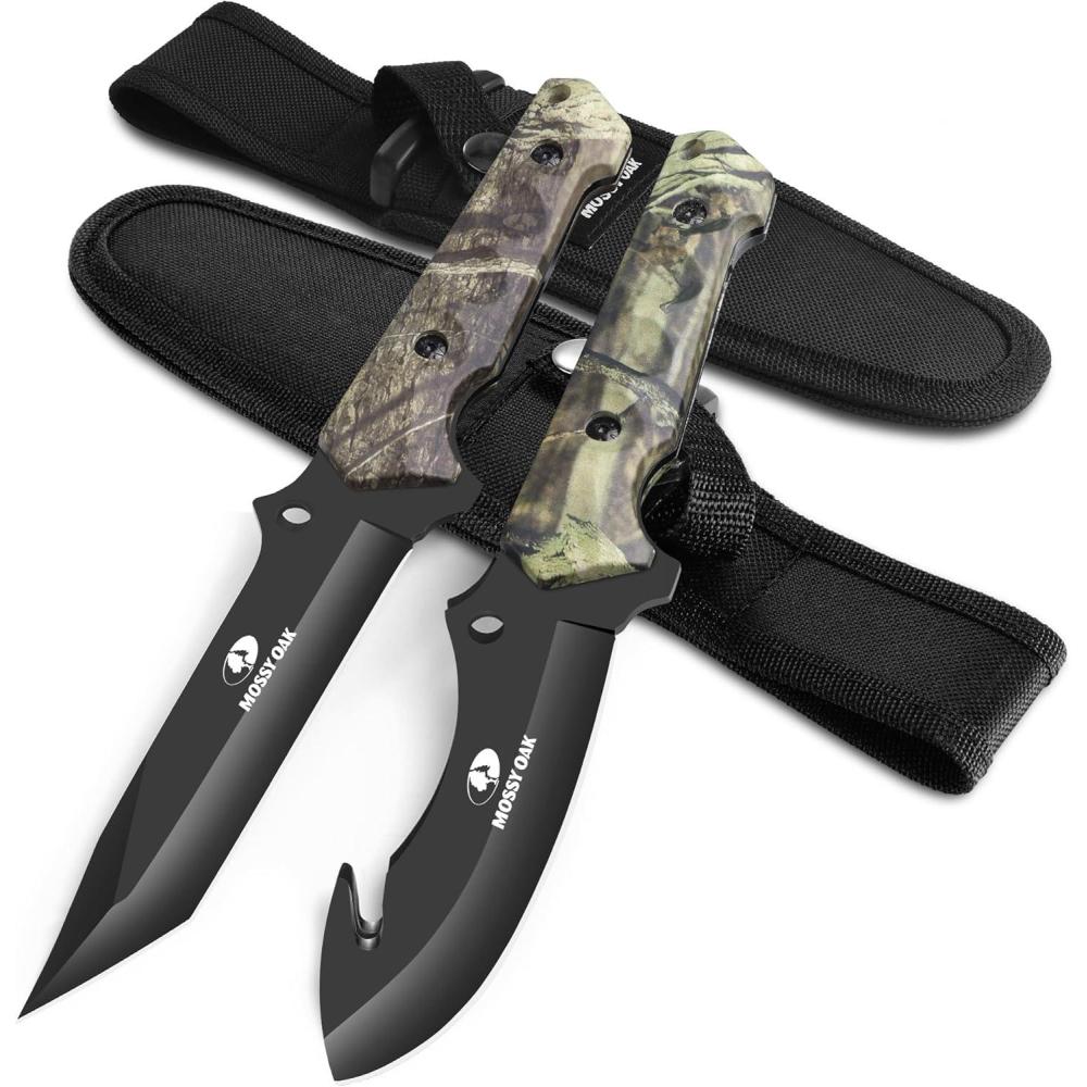 imageMossy Oak Fixed Blade Hunting Knife Set  2 Piece Full Tang Handle Straight Edge and Gut Hook Blades Game Processing Knife Sheath Included  Yellow CamoGreen Camo