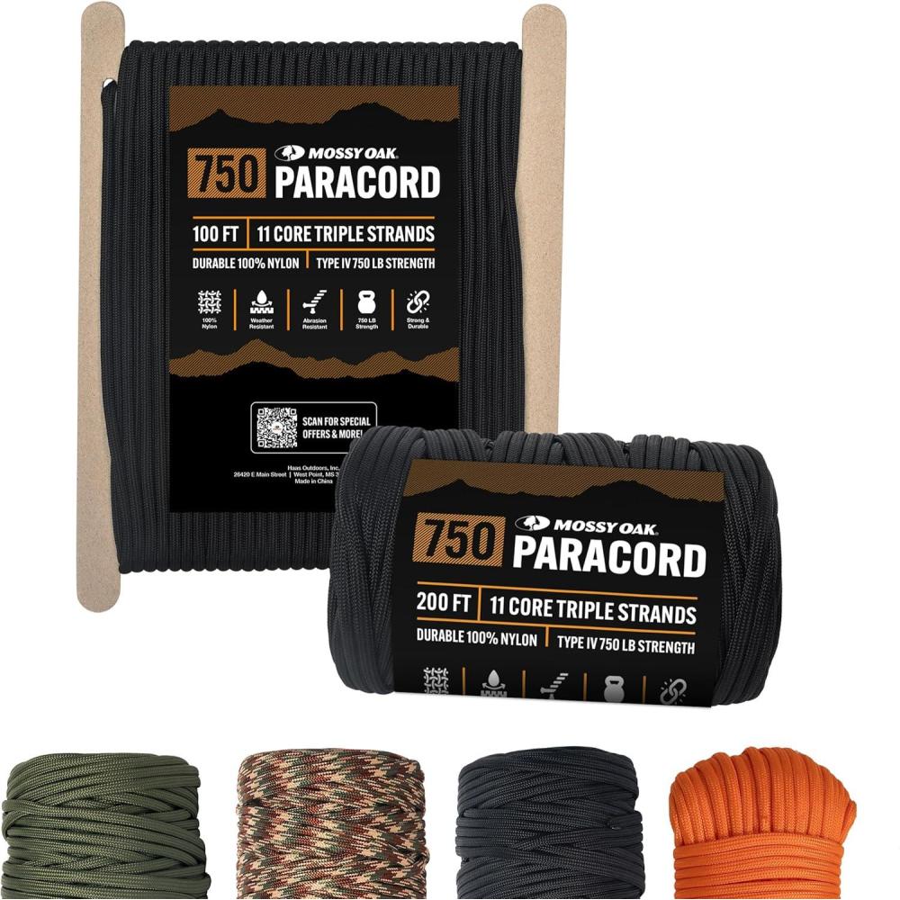 imageMossy Oak Paracord Rope 750 with 11 Inner Strands Survival Gear for Camping Hunting Fishing Hiking 4mm Parachute CordBlack