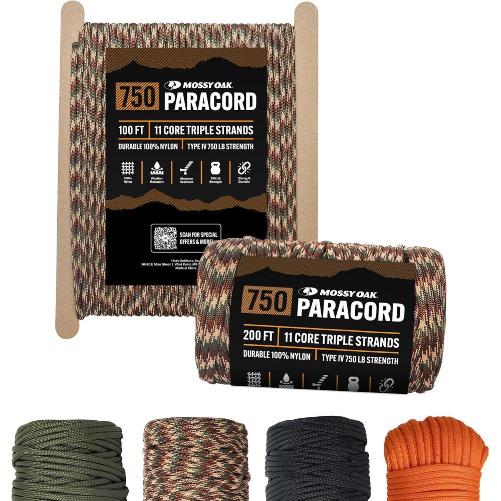 imageMossy Oak Paracord Rope 750 with 11 Inner Strands  Survival Gear for Camping Hunting Fishing Hiking 4mm Parachute CordCamo