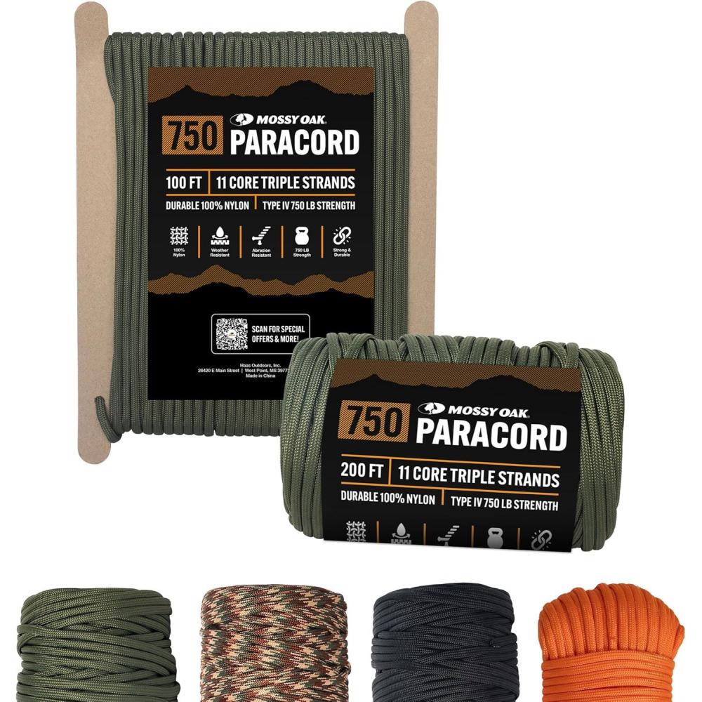 imageMossy Oak Paracord Rope 750 with 11 Inner Strands Survival Gear for Camping Hunting Fishing Hiking 4mm Parachute CordOlive