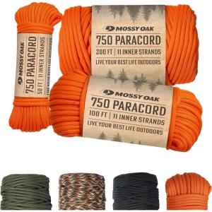 Mossy Oak Paracord Rope 750 with 11 Inner Strands | Survival Gear for Camping, Hunting, Fishing, Hiking, 4mm Parachute Cord(Orange)