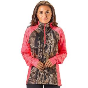 TrailCrest Women’s Long Sleeve 1/4 Zip Camo Shirt – Moisture Wicking, 4 Way Stretch – Perfect Outwear and Fitness Apparel(Breakup Country & Coral Heather)