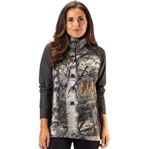 TrailCrest Women’s Long Sleeve 1/4 Zip Camo Shirt – Moisture Wicking, 4 Way Stretch – Perfect Outwear and Fitness Apparel(Mountain Country & Charcoal Heather)