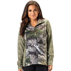 TrailCrest Women’s Long Sleeve 1/4 Zip Camo Shirt – Moisture Wicking, 4 Way Stretch – Perfect Outwear and Fitness Apparel(Mountain Country & Light Olive Heather)