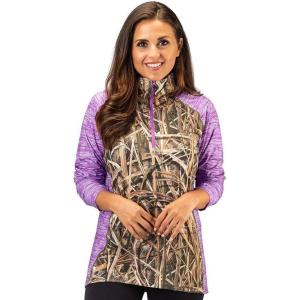 TrailCrest Women’s Long Sleeve 1/4 Zip Camo Shirt – Moisture Wicking, 4 Way Stretch – Perfect Outwear and Fitness Apparel(Shadow Grass & Purple Heather)