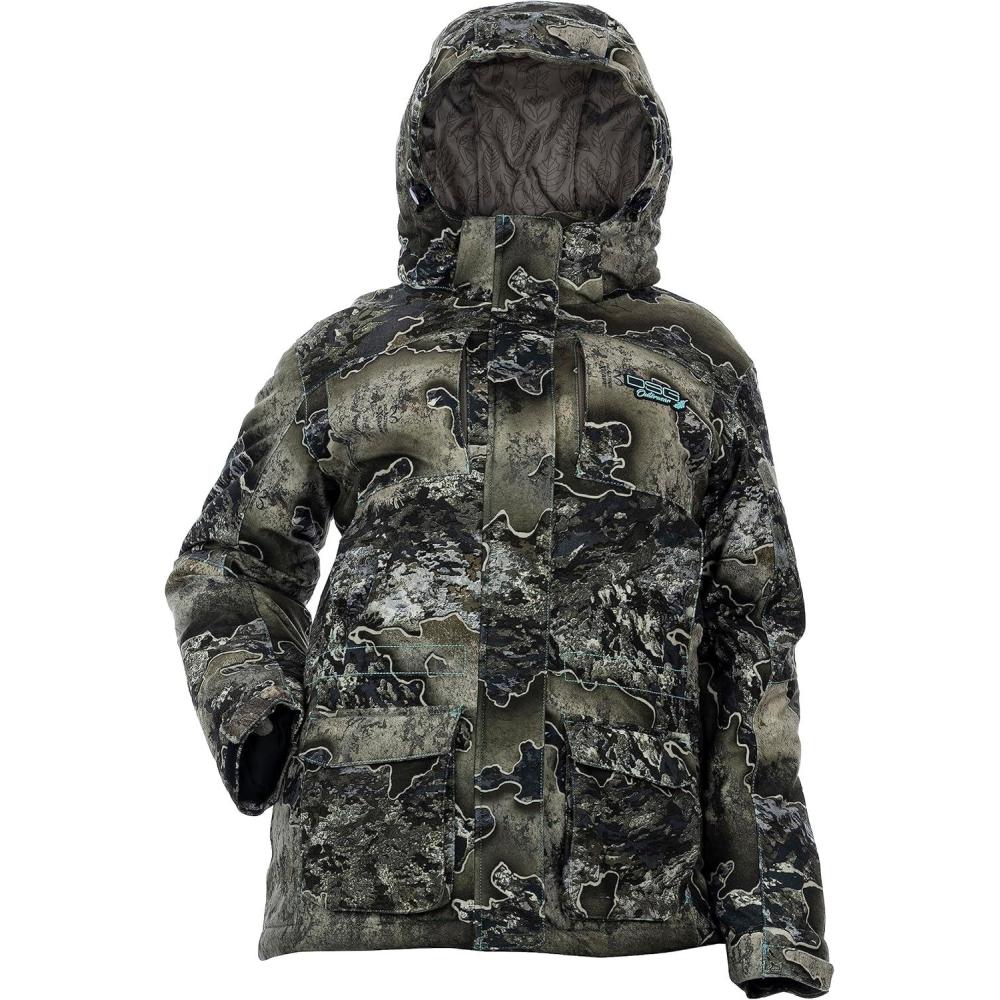 imageDSG Outerwear Womens Kylie 50 3in1 Hunting Jacket Waterproof Insulated Camo Blaze with Zip in Fleece LinerRealtree Excape 50