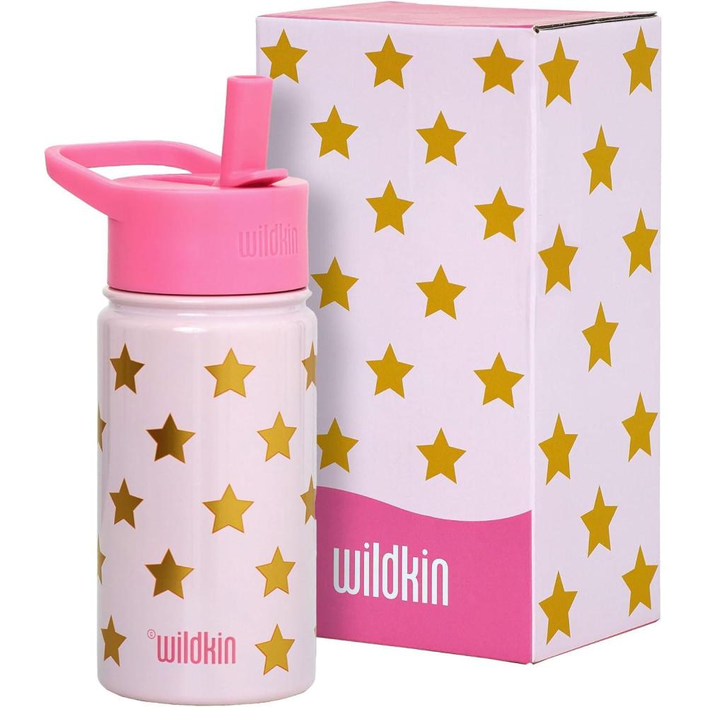 imageWildkin Mossy Oak 32oz Kids Water Bottle Leakproof VacuumInsulated Durable EasyClean Bottom LandPink and Gold Stars