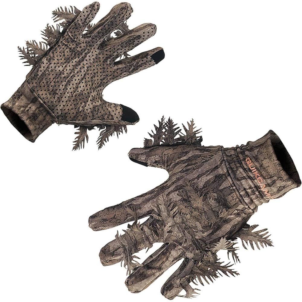 imageQuikCamo Mossy Oak and Realtree Lightweight 3D Leafy Camo Hunting Gloves for Men Touch Screen Enabled or Fingerless OptionsTouch Screen Tips New Bottomland
