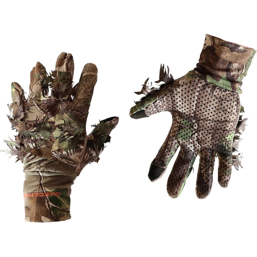 imageQuikCamo Mossy Oak and Realtree Lightweight 3D Leafy Camo Hunting Gloves for Men Touch Screen Enabled or Fingerless OptionsTouch Screen Tips Realtree Xtra Green