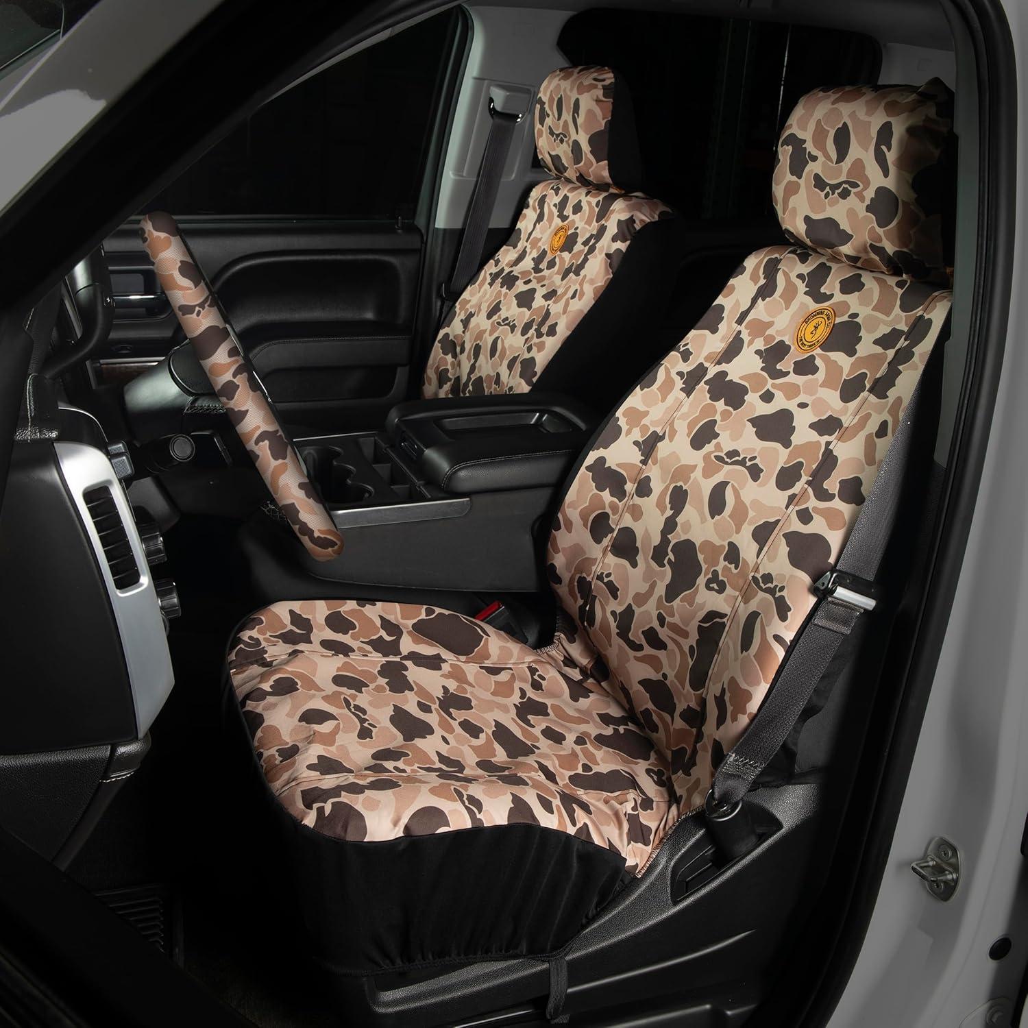 imageBrowning Universal Front and Bench Seat Covers Water Resistant for Car Truck and SUV Buckmark Mossy Oak BreakUp Country Single Full Size BenchArms Co Tan Duck Camo