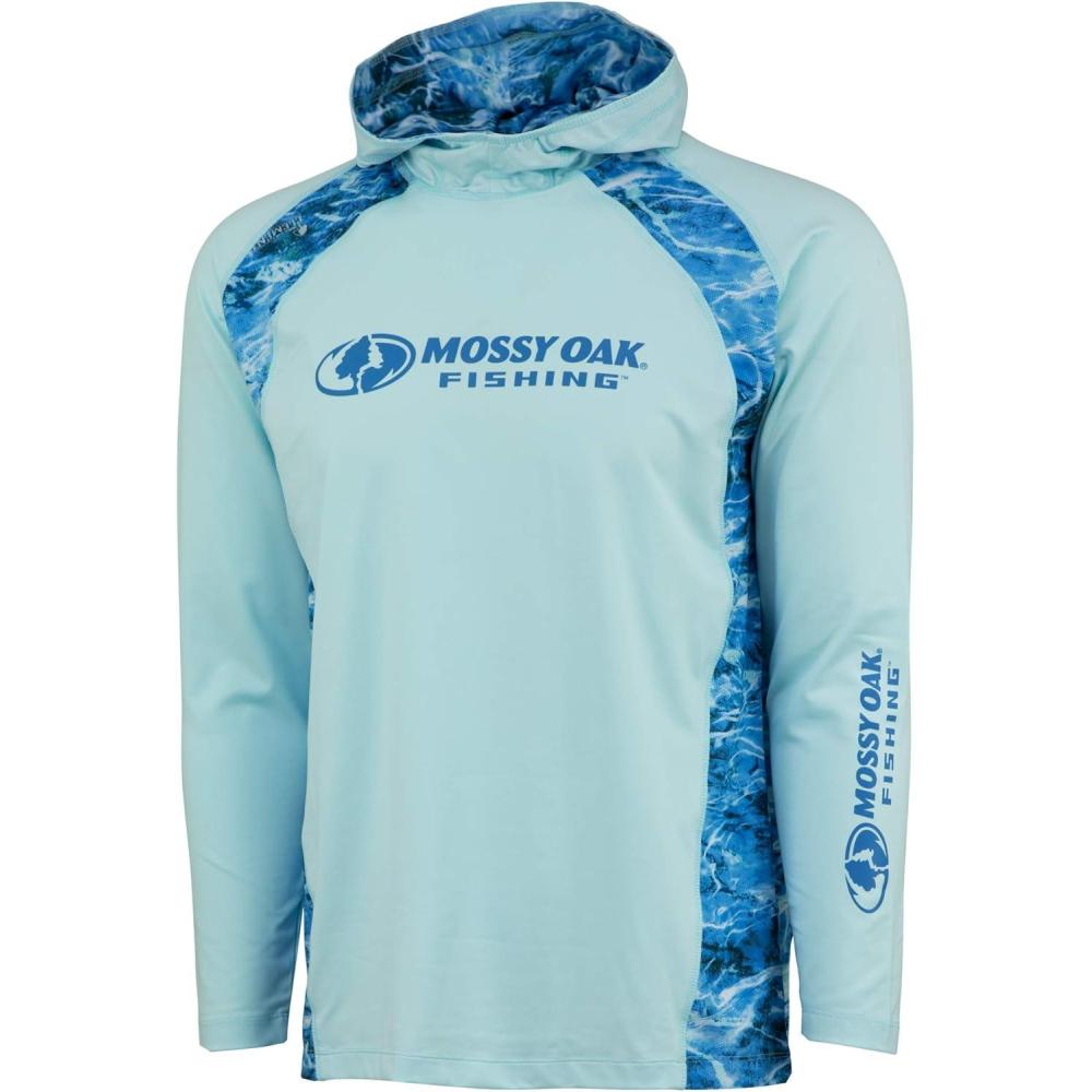 imageMossy Oak Mens Lightweight Sun Hoodie Hooded Fishing ShirtsIced Aqua