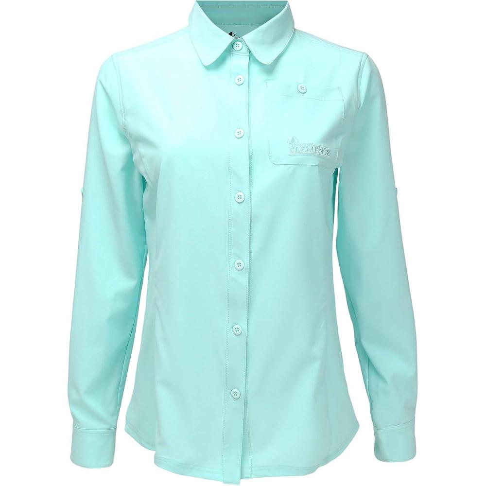 imageWomens UPF 50 Long Sleeve Button Down Quick Dry Sun Protection Outdoor Hiking Travel ShirtBlue Light