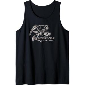 Mossy Oak Fishing Bass Target Ocean Outdoors Grey Logo Tank Top(Black)