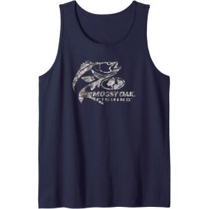 Mossy Oak Fishing Bass Target Ocean Outdoors Grey Logo Tank Top(Navy Blue)