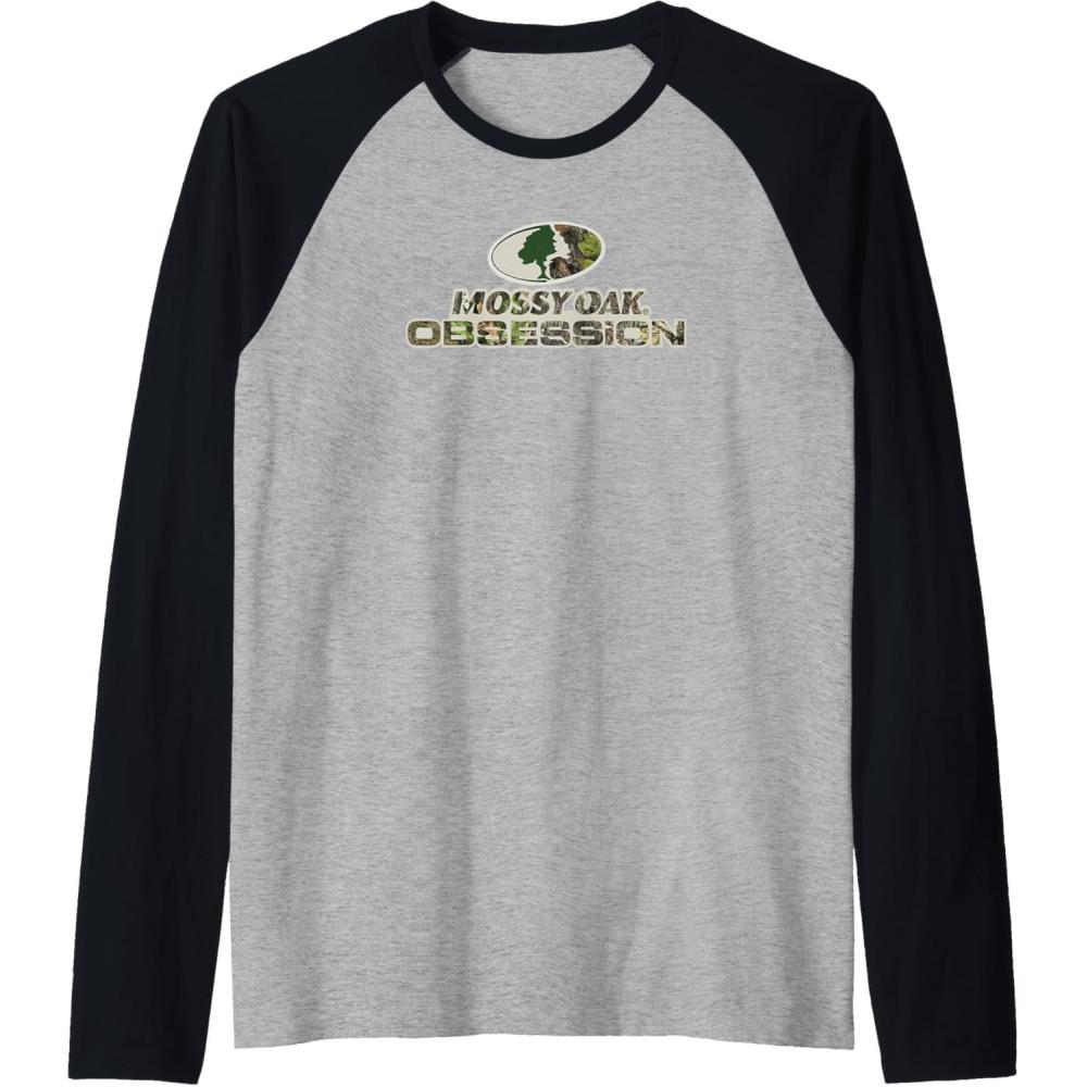 imageMossy Oak Obsession Camouflage Classic Outdoors Logo Raglan Baseball TeeBlackAthletic Heather