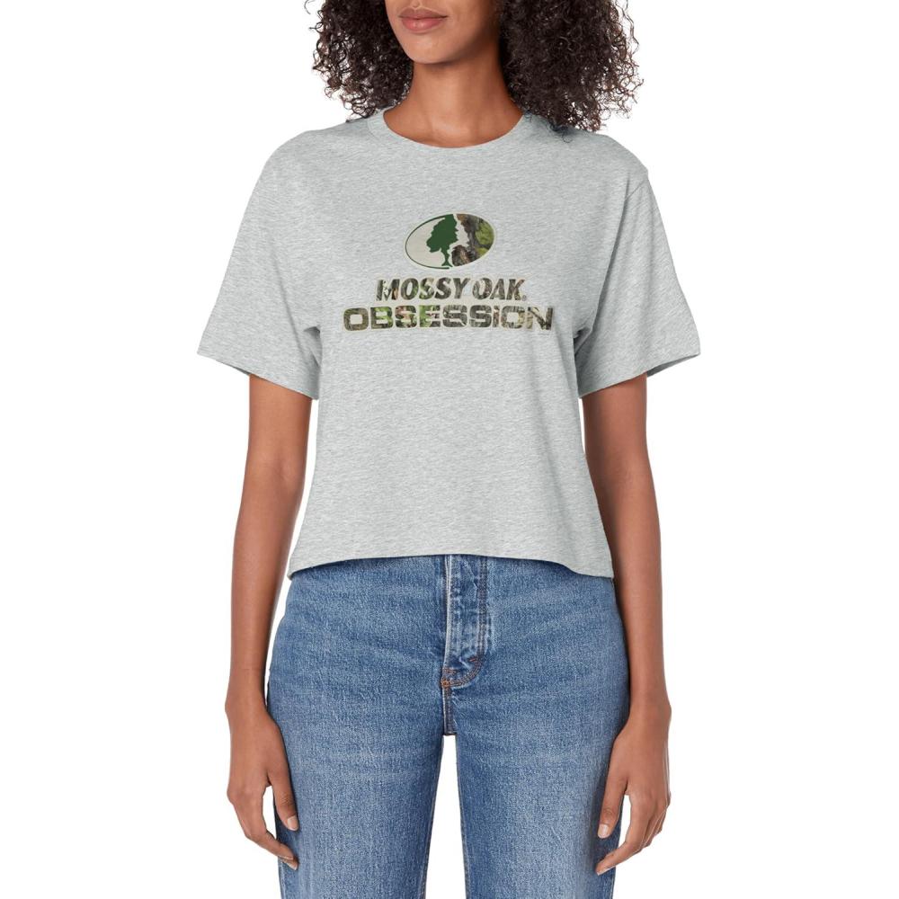 imageMossy Oak Obsession Camouflage Classic Outdoors Logo Womens Crop TopHeather Grey