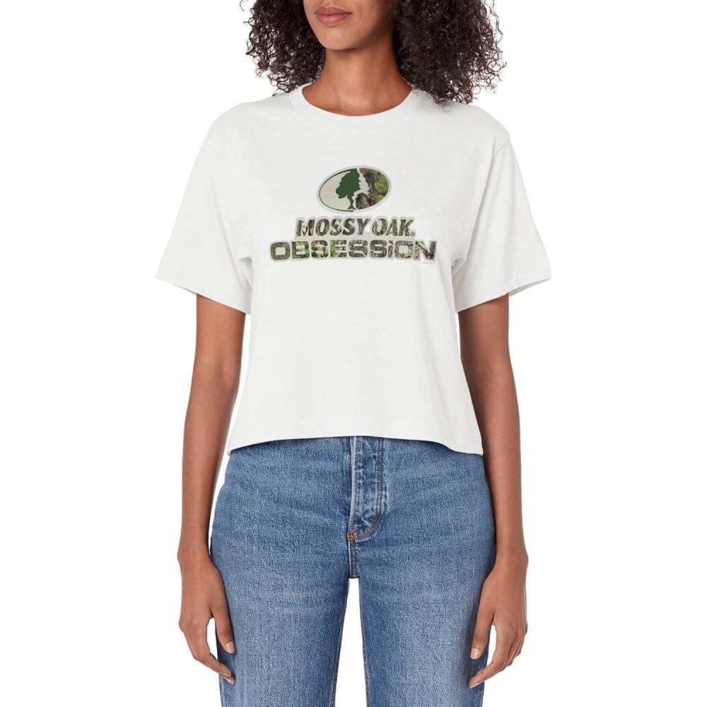 imageMossy Oak Obsession Camouflage Classic Outdoors Logo Womens Crop TopWhite