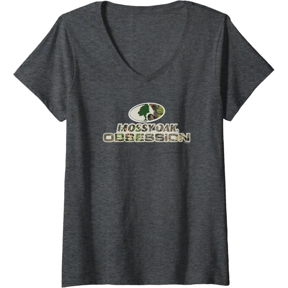 imageWomens Mossy Oak Obsession Camouflage Classic Outdoors Logo VNeck TShirtDark Heather Grey