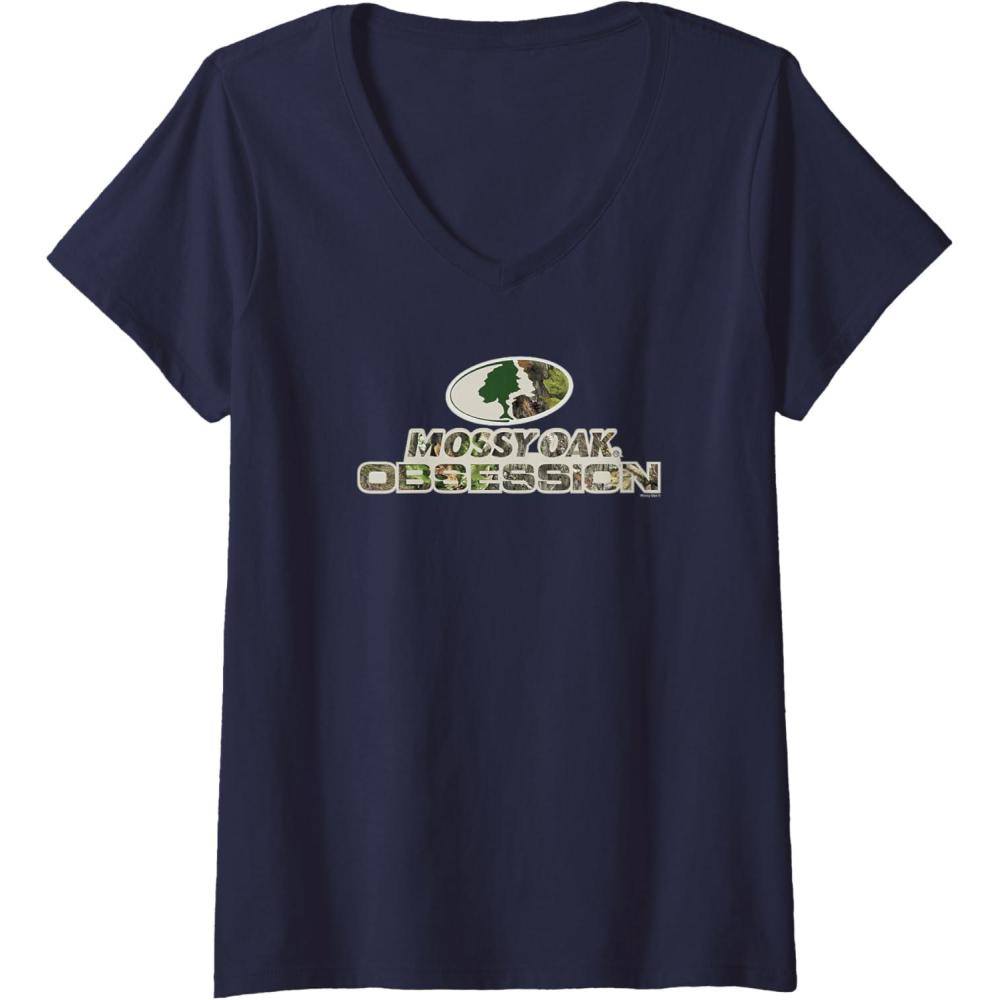imageWomens Mossy Oak Obsession Camouflage Classic Outdoors Logo VNeck TShirtNavy Blue