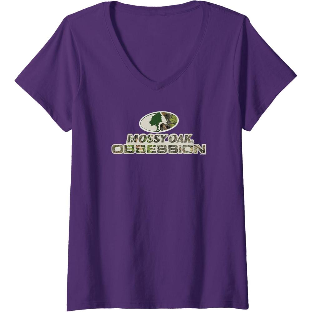 imageWomens Mossy Oak Obsession Camouflage Classic Outdoors Logo VNeck TShirtPurple
