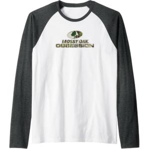 Mossy Oak Obsession Camouflage Classic Outdoors Logo Raglan Baseball Tee(Dark Heather Grey/White)