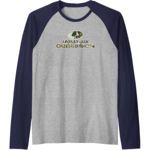 Mossy Oak Obsession Camouflage Classic Outdoors Logo Raglan Baseball Tee(Navy Blue/Athletic Heather)