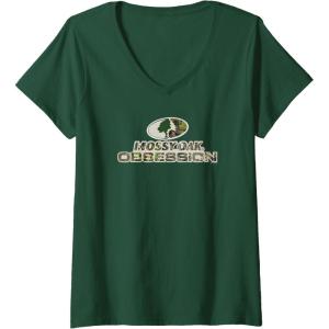 Womens Mossy Oak Obsession Camouflage Classic Outdoors Logo V-Neck T-Shirt(Dark Green)