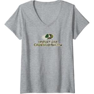 Womens Mossy Oak Obsession Camouflage Classic Outdoors Logo V-Neck T-Shirt(Heather Grey)