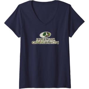 Womens Mossy Oak Obsession Camouflage Classic Outdoors Logo V-Neck T-Shirt(Navy Blue)