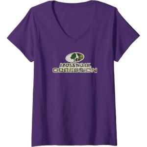 Womens Mossy Oak Obsession Camouflage Classic Outdoors Logo V-Neck T-Shirt(Purple)