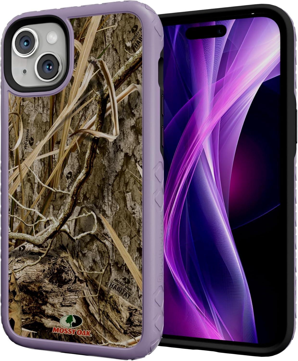 imagecellhelmet Fortitude Case for iPhone 14 Pro Max MagSafe Compatible Dual Protection Drop Test Certified Shockproof Durable iPhone 14 Pro Max Mossy Oak Case Bottomland in Onyx BlackShadow Grass Lilac Blossom Purple