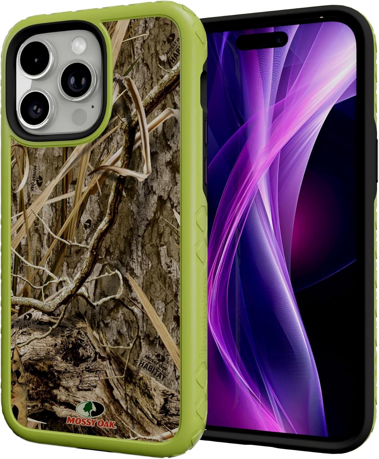 imagecellhelmet Fortitude Case for iPhone 14 Pro Max MagSafe Compatible Dual Protection Drop Test Certified Shockproof Durable iPhone 14 Pro Max Mossy Oak Case Bottomland in Onyx BlackShadow Grass Electric Lime