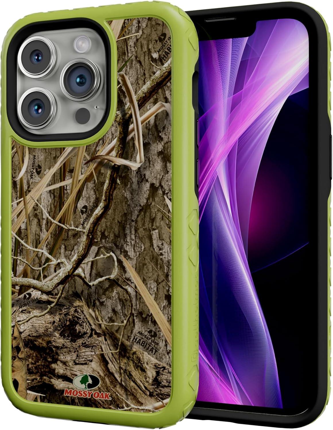 imagecellhelmet Fortitude Case for iPhone 14 Pro Max MagSafe Compatible Dual Protection Drop Test Certified Shockproof Durable iPhone 14 Pro Max Mossy Oak Case Bottomland in Onyx BlackShadow Grass Electric Lime
