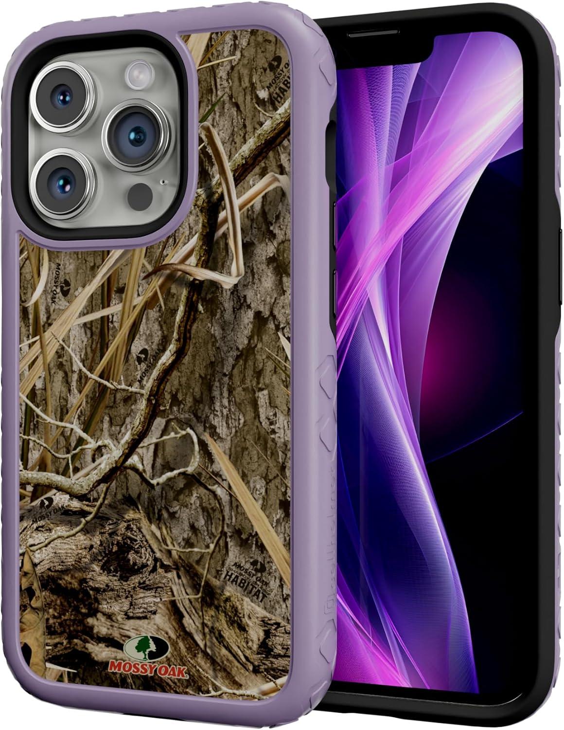imagecellhelmet Fortitude Case for iPhone 14 Pro Max MagSafe Compatible Dual Protection Drop Test Certified Shockproof Durable iPhone 14 Pro Max Mossy Oak Case Bottomland in Onyx BlackShadow Grass Lilac Blossom Purple