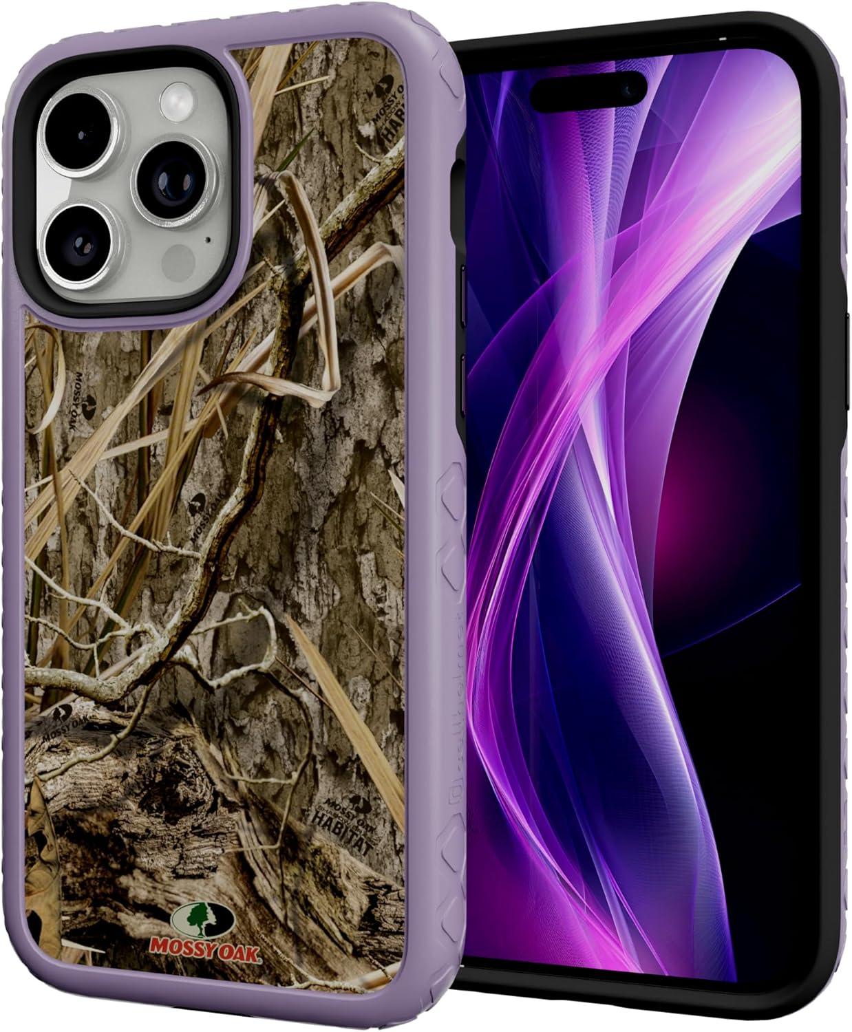 imagecellhelmet Fortitude Case for iPhone 14 Pro Max MagSafe Compatible Dual Protection Drop Test Certified Shockproof Durable iPhone 14 Pro Max Mossy Oak Case Bottomland in Onyx BlackShadow Grass Lilac Blossom Purple