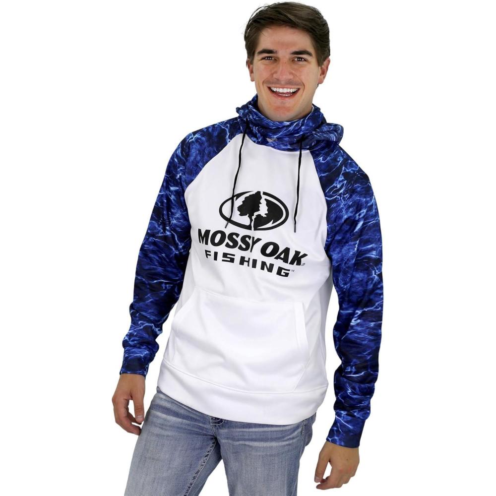 image:imageMossy Mossy Oak Mens Fishing Hoodie UV SPF Sun Protection Camo Fishing Sweatshirt with Face Mask Gaiter XXLarge Marlin Blue