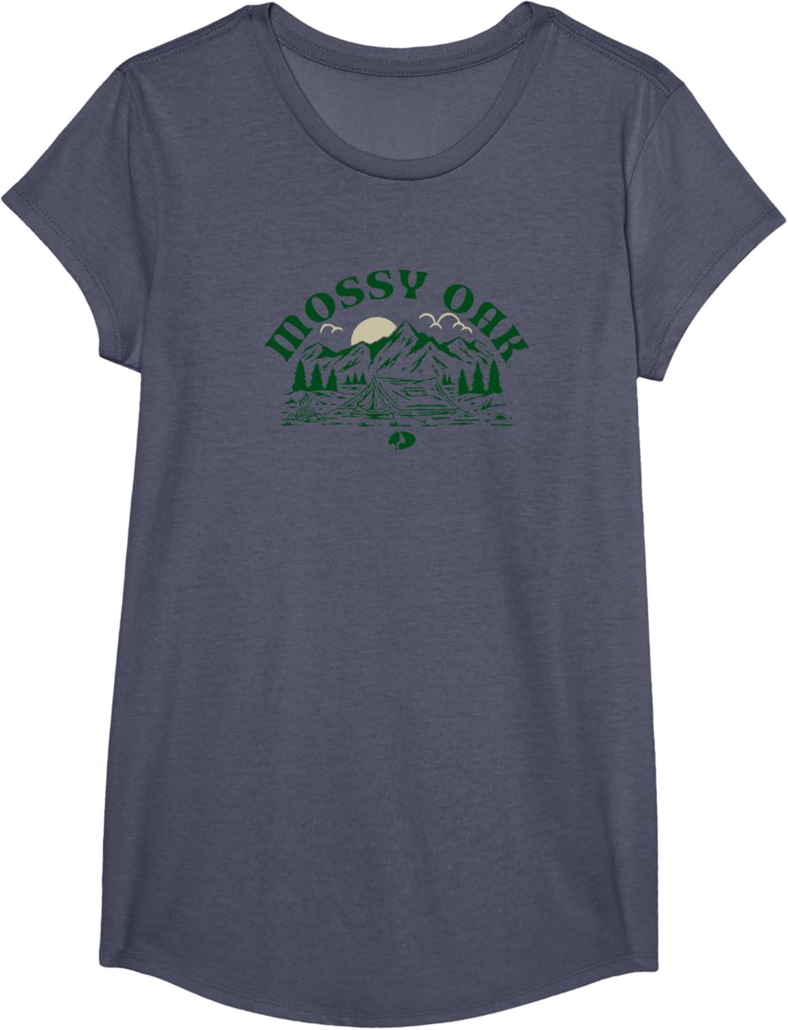 image:imageMossy Oak Camping Retro Mountain Landscape Logo TShirtHeather Blue