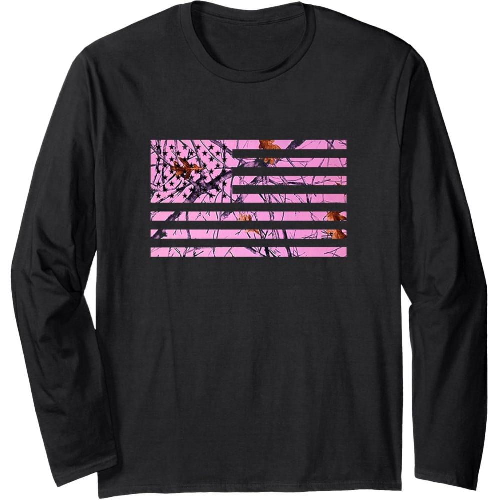 image:imagePink Hunting Camo Flag Pattern American USA US Camouflage Long Sleeve TShirtBlack