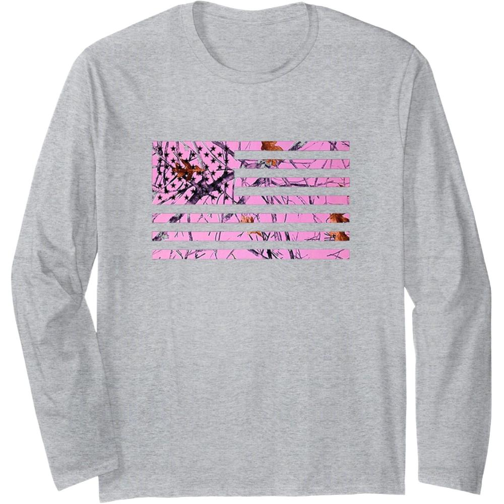 image:imagePink Hunting Camo Flag Pattern American USA US Camouflage Long Sleeve TShirtHeather Grey
