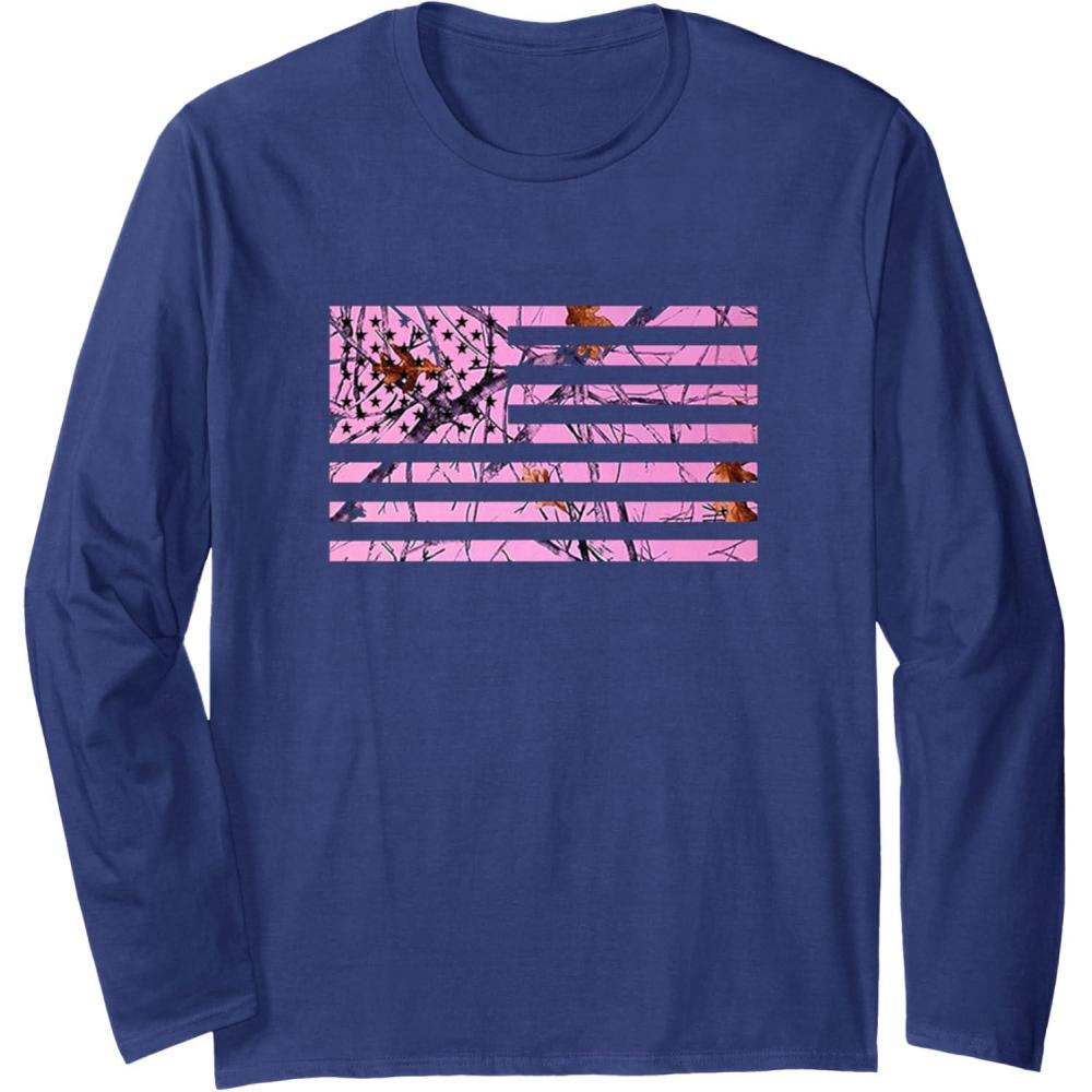 image:imagePink Hunting Camo Flag Pattern American USA US Camouflage Long Sleeve TShirtNavy Blue