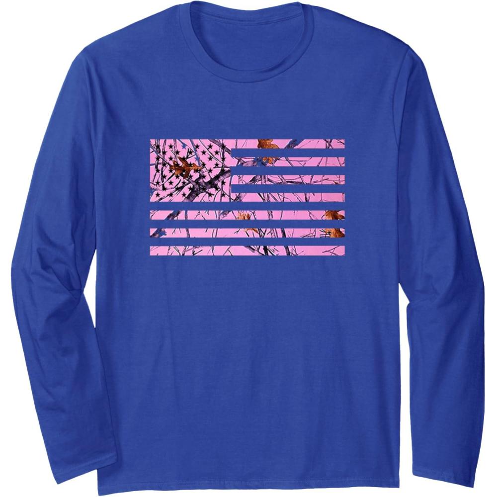 image:imagePink Hunting Camo Flag Pattern American USA US Camouflage Long Sleeve TShirtRoyal Blue