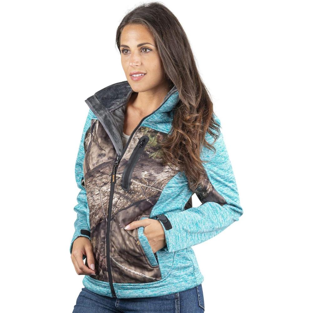 image:imageTrailCrest Womens Softshell Hooded Jacket Super Soft Plush Coral Fleece Lining Mossy Oak Camo PatternsTeal Heather Breakup Country