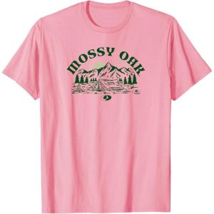 Mossy Oak Camping Retro Mountain Landscape Logo T-Shirt(Pink)