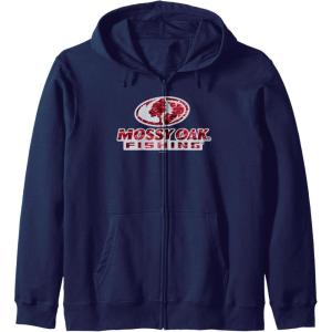 Mossy Oak Fishing Open Water Classic Red Logo Zip Hoodie(Navy Blue)