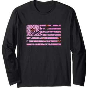Pink Hunting Camo Flag Pattern American USA US Camouflage Long Sleeve T-Shirt(Black)