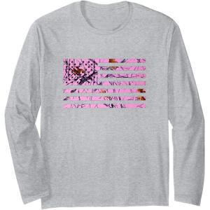 Pink Hunting Camo Flag Pattern American USA US Camouflage Long Sleeve T-Shirt(Heather Grey)
