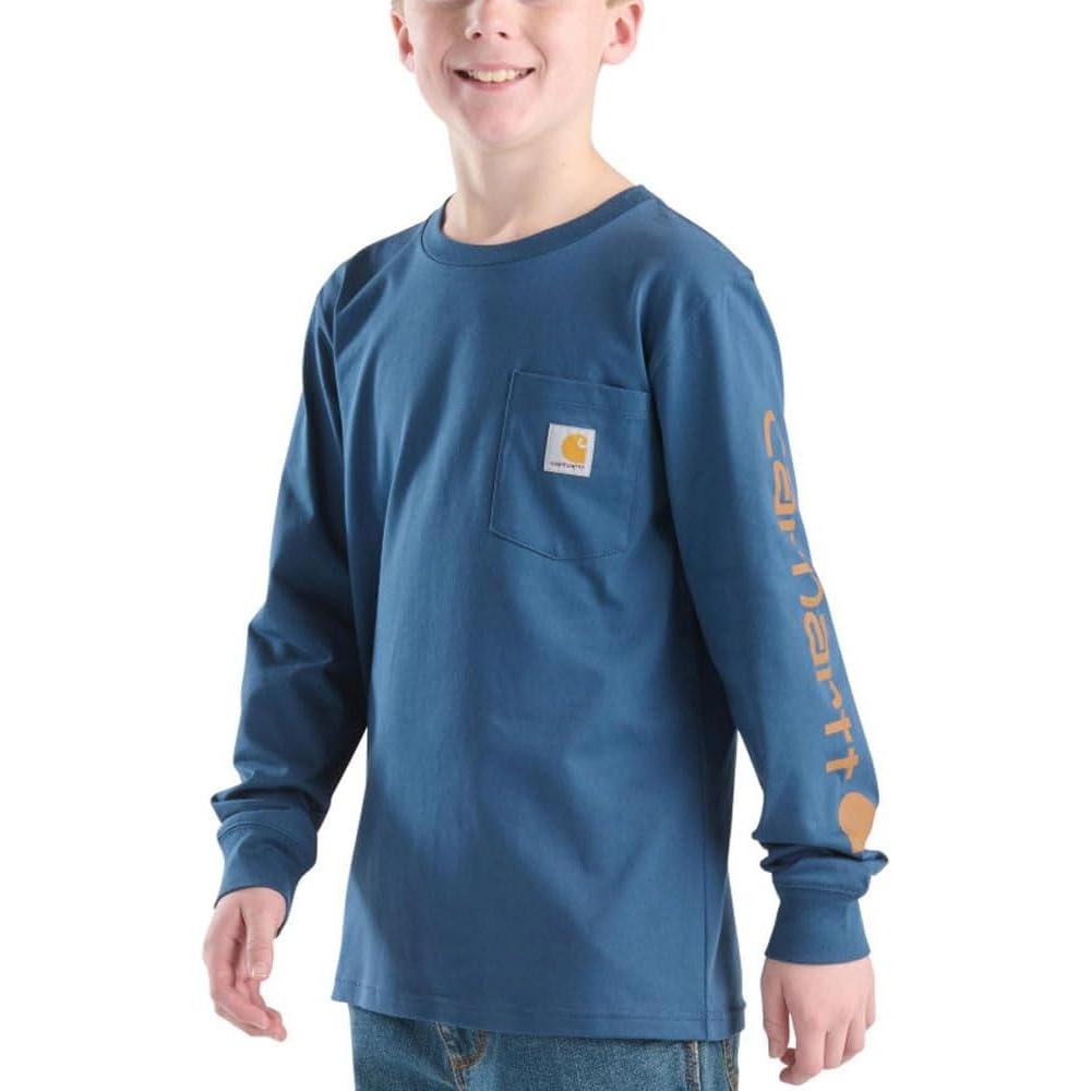 image:imageCarhartt Boys LongSleeve Logo Sleeve Pocket TShirtDark Denim