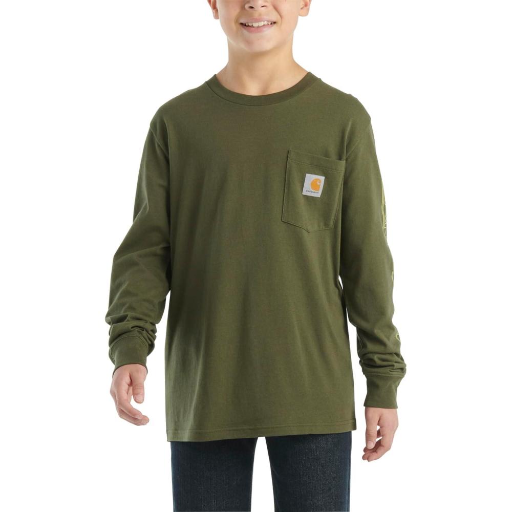 image:imageCarhartt Boys LongSleeve Logo Sleeve Pocket TShirtDark Olive Green