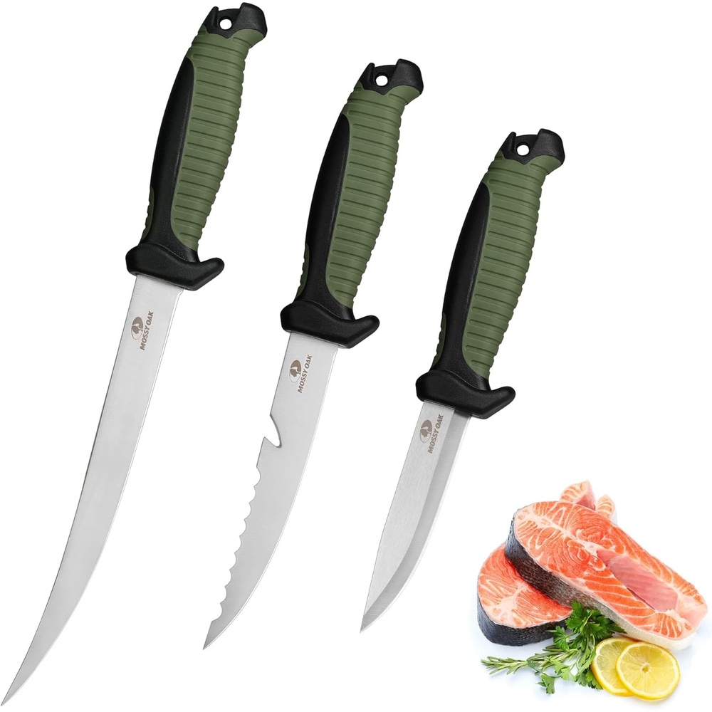 image:imageMossy Oak 3Piece Fishing Fillet Knife Set with Protective Sheath Stainless Steel Filet Knives with NonSlip Handle Bait Knife for Filleting and Boning Military Green